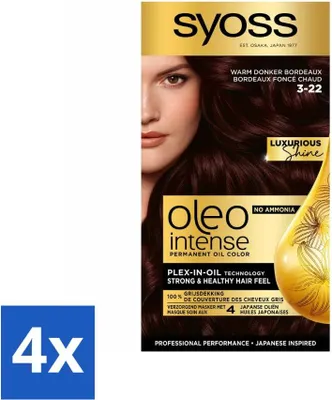 Produktbild von SYOSS - Oleo Intense 3-22 - Haarfärbemittel - Permanente Haarfarbe - Warmes Dunkelbordeaux - Langanhaltende Farbe - Vorteilspack - 4 Stücke