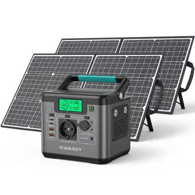 Immagine prodotto di SWAREY 550 W (1100 W di picco) Stazione di ricarica portatile, generatore solare da 555 Wh, caricabatterie, power bank di emergenza, accumulatore solare con 2 pannelli solari da 100 W