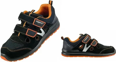Two views of a pair of black work shoes with orange accents.