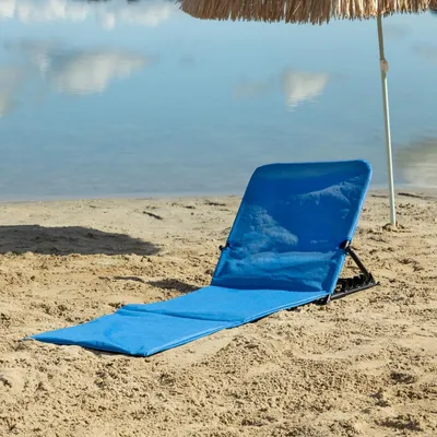 Produktbild von Strandmatte mit 5-Fach verstellbarer Rückenlehne, blaue Strandliege klappbar mit praktischen Tragegriff, Rückenlehne mit 2 Taschen