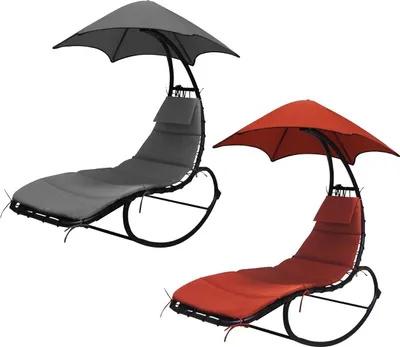 Two lounge chairs with umbrellas, one gray and one red, on a white background.