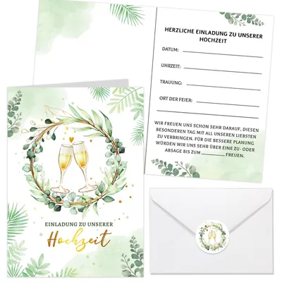 12 Hochzeitseinladungskarten mit Umschlägen, Eukalyptus-Design