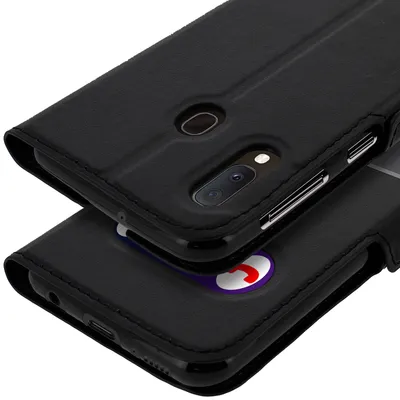 Zdjęcie produktu dla Etui Avizar, obudowa typu klapka z podwójnymi okienkami i funkcją podstawki, do telefonu Samsung Galaxy A20e, kolor czarny
