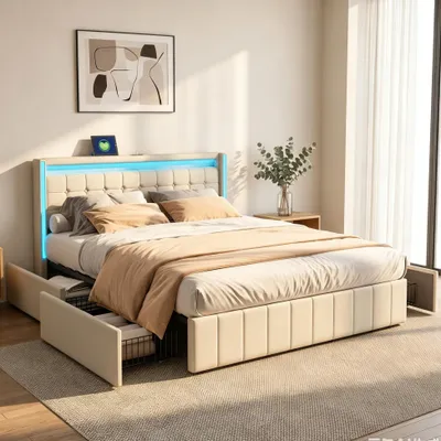 Produktbild von INONEFT Polsterbett 140x190cm mit USB und LED Kopfteil, Bett mit Stauraum und 4 Schubladen, Jugendbett/Doppelbett mit Lattenrost, Leinen, Beige