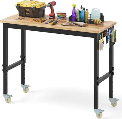 Image de COSTWAY Etabli réglable, établi d'atelier avec roulettes & surface de travail de 122cm, établi d'outillage jusqu'à 1100kg cadre métallique bois caoutchouc