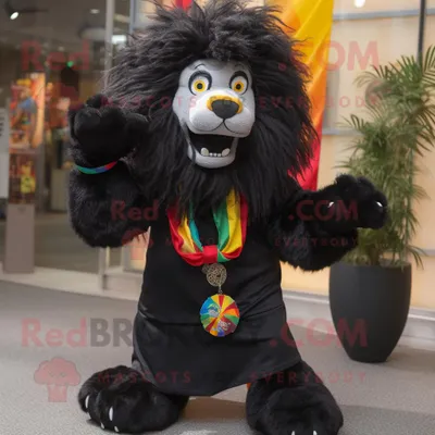 Produktbild von Schwarzer REDBROKOLY Löwe Maskottchen Kostüm charakter bekleidet mit einem Kleid und Schal-Clips