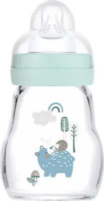 Zdjęcie produktu dla MAM Feel Good butelka dla niemowląt ze szkła (170 ml), butelka na mleko z szerokim otworem, stabilna butelka do picia dla niemowląt ze smoczkiem rozmiar 1, od urodzenia, miś/jeż