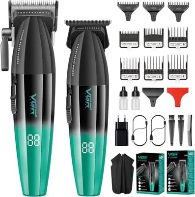 Produktbild von VGR Professionelle Haar Trimmer Set Männer Friseur Kit Clipper Care 9000 U / min Null Gap T-Blade Wireless Schneiden 9 Führungskämme