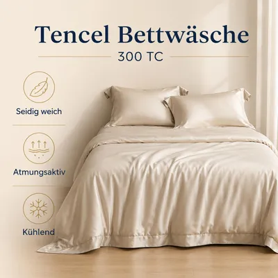 Produktbild von Bettwäsche Set HQ Lyocell 300TC Beige (200×200 +Flat Sheet 240×260 +2×Kissen 40×80)