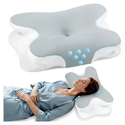 Produktbild von Nackenkissen - Orthopädisches Kopfkissen aus Memory Foam, Ergonomisches Kissen gegen Nackenschmerzen für Seitenschläfer, Rückenschläfer und Bauchschläfer mit Eisseidenbezug (Grau)