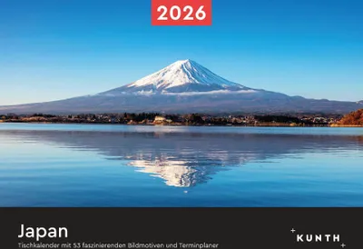 A scenic view of Mount Fuji reflected in a lake, with a calendar overlay.