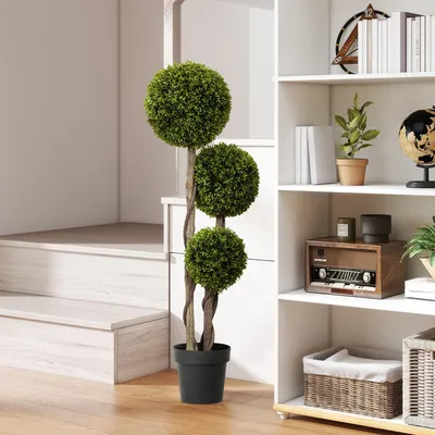 Produktbild von SUGIFT Künstlicher Buchsbaum 115 cm, 3 Buchskugeln Mehrstämmig, Kunstpflanze Outdoor Indoor, Grün | 19,5 x 19,5 x 115 cm | 6,5 kg | Zementtopf