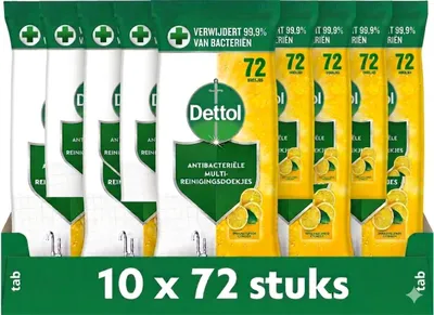 Zdjęcie produktu dla Chusteczki czyszczące antybakteryjne Dettol – Musująca cytryna – 72 sztuki – 10 sztuk – Opakowanie ekonomiczne