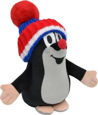 A plush toy mole wearing a knitted hat.
