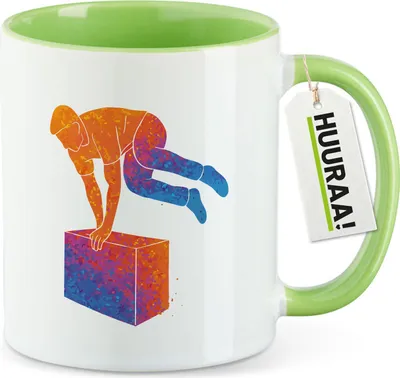 Produktbild von Huuraa Kaffeetasse Parkour Freerunning bunte Silhouette 330ml Grün Keramik Kaffeebecher Geschenkidee