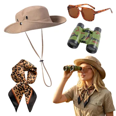 Imagen del producto de Conjunto de disfraz de safari que incluye sombrero de sol plegable, gafas de leopardo, bufanda, talla única, ideal para carnaval