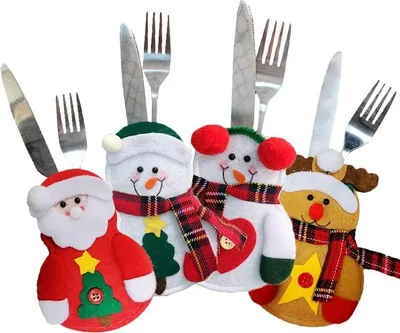 Obrázek produktu pro Držák na příbory - Vánoce - Otec Vánoc - Vánoční stromek - Vánoce - Xmas - Sada 4 kusů - Otec Vánoc/Sněhulák srdce a stromek/jelen