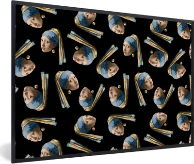 Produktbild von MuchoWow® Gerahmtes Poster Mädchen mit Perlenohrring - Muster - Vermeer 90x60 cm - Poster mit Schwarzem Bilderrahmen Wandposter Rahmen Foto Bilder - Fotorahmen - Foto-Plakat