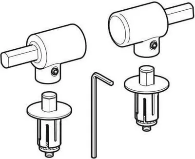 An illustration of plumbing hardware components, including hinges and an Allen wrench.