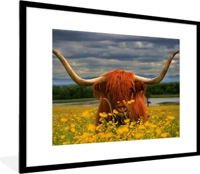 Produktbild von MuchoWow® Gerahmtes Poster Schottischer Highlander - Tiere - Blumen 80x60 cm - Poster mit Schwarzem Bilderrahmen Wandposter Rahmen Foto Bilder - Schlafzimmer-Dekorationen - Fotoposter