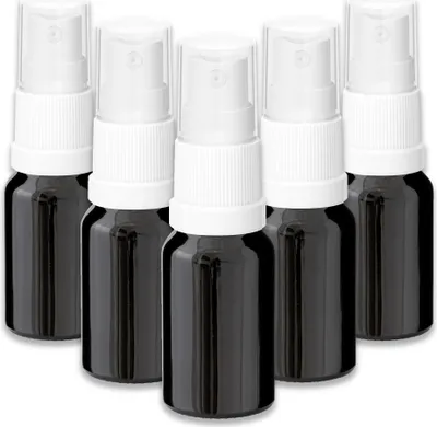 Produktbild von 5x Glasflasche schwarz 10 ml mit weißem Zerstäuber Sprükopf Pumpspray