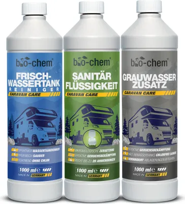 Produktbild von Camping Hygiene-Zusätze Set 3-teilig: Bio Sanitärflüssigkeit 1l + Frischwassertank-Reiniger 1l + Grauwassertank-Zusatz 1l - Effektive Geruchsbekämpfung & frische Sauberkeit für alle mobilen Tanks