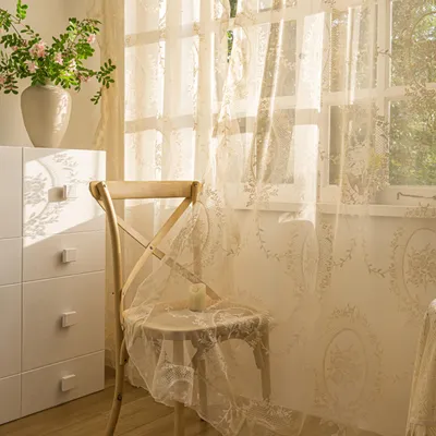 Spitzenvorhang 2er-Set beige 145x213 cm transparent Rosenstickerei