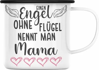 Produktbild von Trendation - Engel Ohne Flügel Nennt Man Mama Emaille Tasse Geschenk Spruch Liebevoll Beste Mutter Muttertag Muttertagsgeschenk (Schwarz)