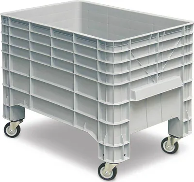 A light gray plastic storage bin with four wheels is shown from a slightly elevated side angle against a light gray background.