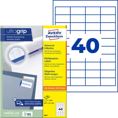 Produktbild von Avery Zweckform 3657, Universal-Etiketten, A4, Qualitätsdruck mit: ultragrip, 48,5 x 25,4 mm, 4.000 Etiketten / 100 Bögen, weiß
