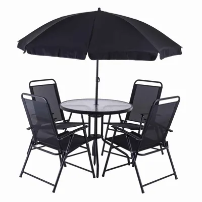 Produktbild von Practixx 6-tlg. Balkonset mit Schirm PX-BS1 | 4x Klappstuhl, neigbarer Sonnenschirm, Glastisch | Gartenset Bistroset Balkonmöbelset Campingset schwarz