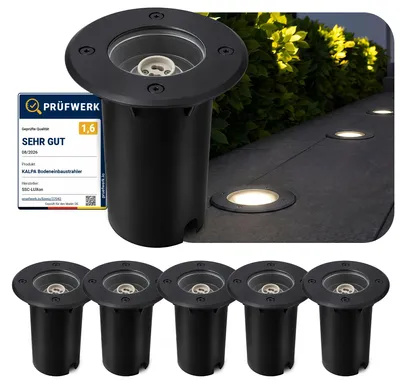 Productafbeelding van SSC-LUXon set van 6 grondspots, model KALPA, zwart, 230V, IP67 (spatwaterdicht), geschikt om overheen te rijden en roestbestendig – ideaal voor paden, terrassen en buitenruimtes, AI-gegenereerde afbeelding