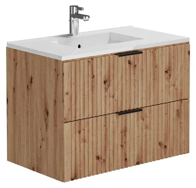 Produktbild von Waschbeckenunterschrank hängend mit Einbauwaschbecken - Streifenoptik - Holzfarben hell - 80 cm - ZEVARA