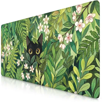Imagen del producto de Alfombrilla para ratón Titanwolf Gaming, tamaño XXL (90 x 40 cm), con diseño de un gato  en un bosque, superficie textil para un control preciso del ratón, base de goma antideslizante, ideal para colocar debajo del escritorio, 1 unidad, color verde