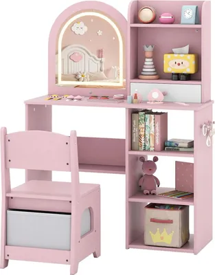 Produktbild von Kinderschminktisch - Frisiertisch - 2-in-1 Design - Mit Beleuchtung - Aus Holz - Prinzessinnen-Set - Zum Zusammenbauen - Rosa