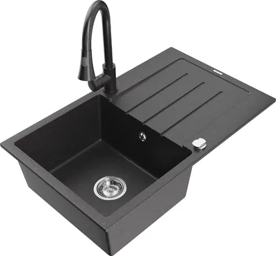 Produktbild von Mexen Bruno 1 Becken-Granitspüle mit Abtropffläche und Mischbatterie Elia, Schwarz gesprenkelt - 6513-76-670101-76
