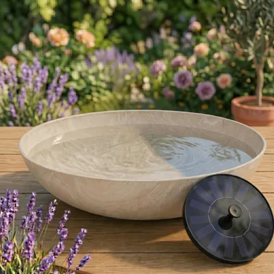 Immagine prodotto di Set fontana solare con batteria ricaricabile inclusa - Ciotola piatta da 45 cm color sabbia