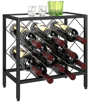 Immagine prodotto di Portabottiglie Vini per 10 Bottiglie 41x22x41 cm con Piano d'Appoggio in Vetro in Acciaio Nero