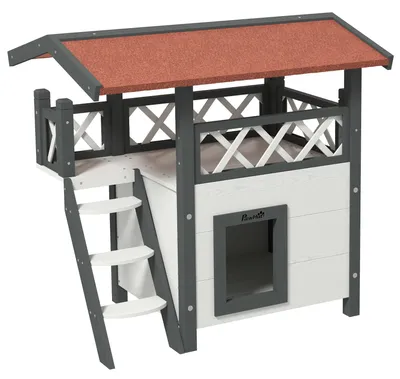 Produktbild von KatzenhausKatzenhütteHaustierhütte,Asphaltdach,2Ebenen,1Leiter,Weiß+Rot