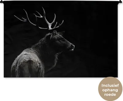 Produktbild von MuchoWow® Wandteppich Wandbehang Hirsch - Schwarz - Porträt - Geweih - Tiere 120x80 cm Tapisserie Dekoration Wandtuch - Wanddekorationen - Wandtücher