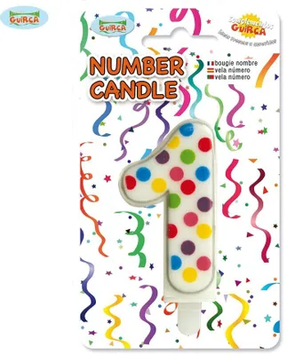 A birthday candle shaped like the number '1' with colorful polka dots, presented on its retail packaging.