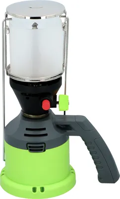 Produktbild von Gaslampe, Campingleuchte mit Handgriff zum Stellen oder Hängen, Piezo-Zündung, einstellbare Helligkeit, 3 Glühstrümpfe, Kunststoff-Schutzglocke für Kartusche