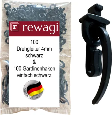 Immagine prodotto di rewagi 100 guide girevoli e 100 ganci per tende singoli, per binario per tende - nero - ganci a clip, ganci per pieghe, ganci per pieghe per tende