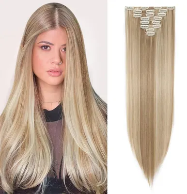Produktbild von Clip in Extensions Kunsthaar Ombre 8 Tressen 18 Clips 66cm Dunkellond/Blond Honigblond/Blond 140g