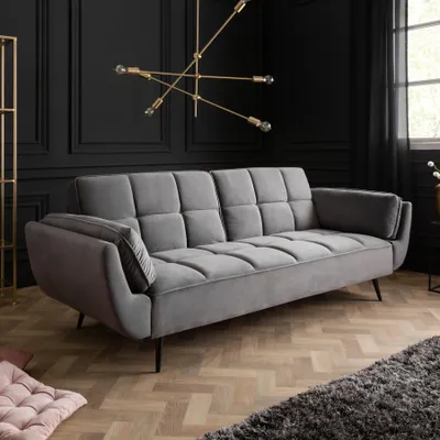 Produktbild von riess-ambiente Retro Schlafsofa BOUTIQUE 213cm grau Samt 3-Sitzer mit schwarzen Füßen Funktionssofa
