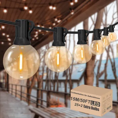 LED-Lichterkette 15 m, warmweiß, 25+2 G40 E12-Lampen, dimmbar, IP45