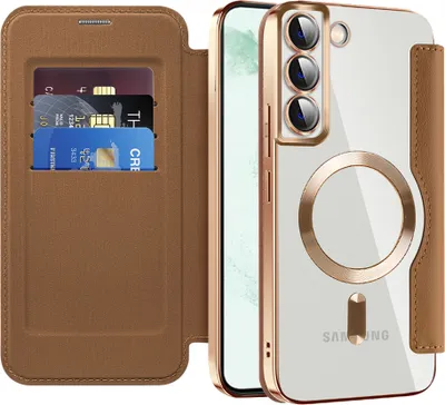 Produktbild von Klapphülle für Samsung Galaxy S22+ 5G Kompatibel mit Magsafe, Klar Überzug Kartenhalter Ledertasche mit Kameraschutz Braun