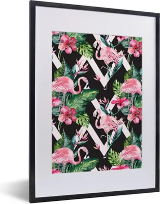 Produktbild von MuchoWow® MuchoWow® Gerahmtes Poster Muster - Blumen - Flamingo 30x40 cm - Poster mit zchwarzem Bilderrahmen - Wandposter Schlafzimmer