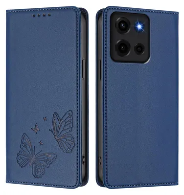 Produktbild von Lederhülle für Motorola Moto G 5G 2025, Schmetterling Prägung Leder Brieftasche Schutzhülle mit Ständer Dunkelblau