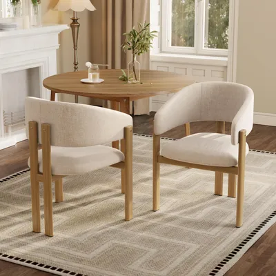 Image de Deux chaises de salle à manger en métal imitation bois, chaises de cuisine en tissu lin, fauteuils rembourrés de 61,5 x 52,5 x 83 cm, couleur bois naturel